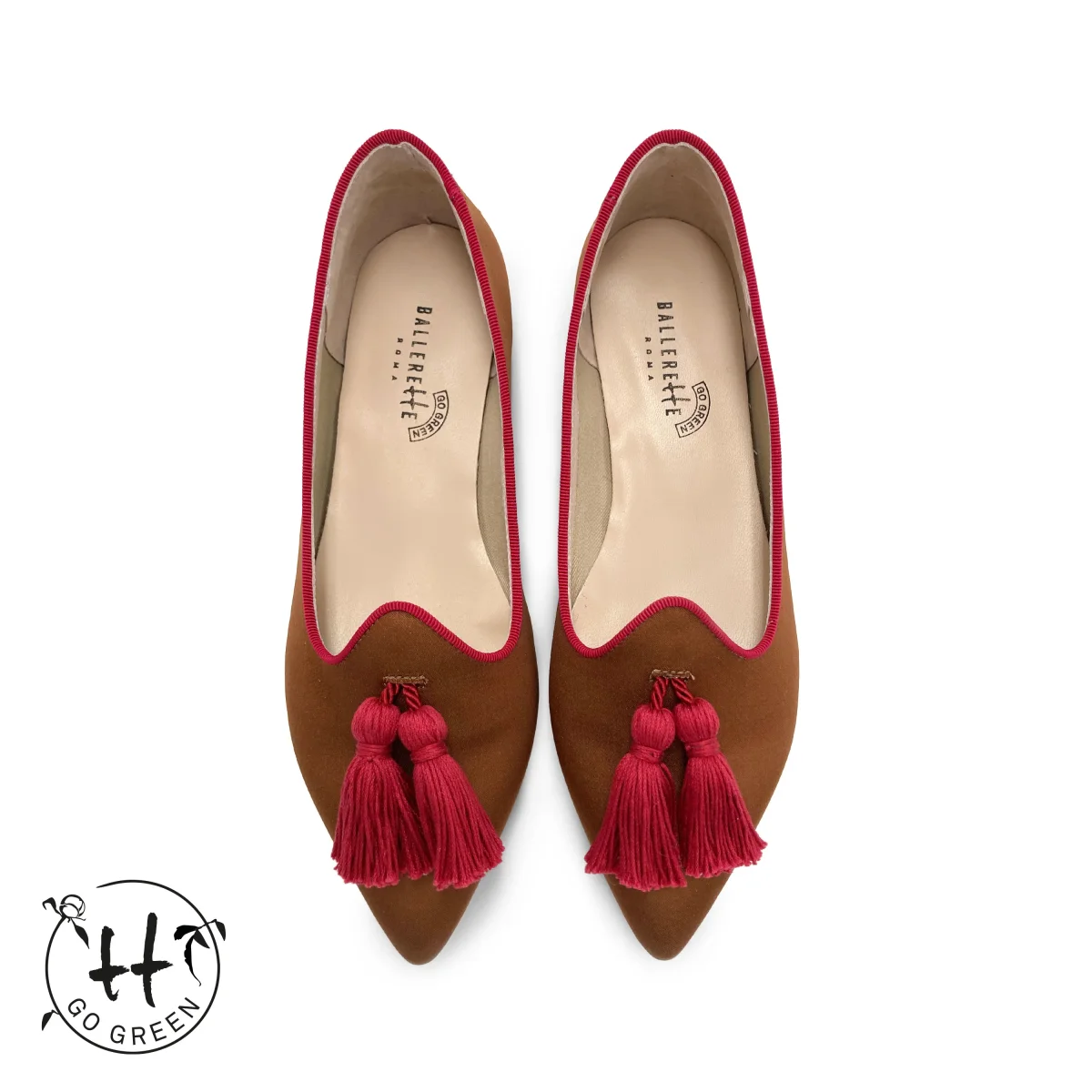 TT Go Green Collection - Mocassini donna marroni in raso eco e nappine fucsia – Bild 2