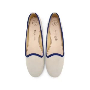 Slippers donna in camoscio beige e dettagli blu