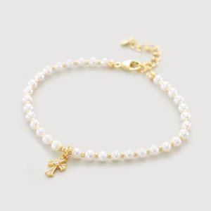 Süßwasserperlen Armband mit funkelndem Kreuz - 925er Sterling Silber