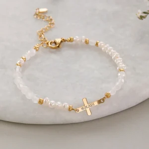 Mondstein & Süßwasserperlen-Armband mit Kreuz - Geschenk zur Konfirmation mit Karte