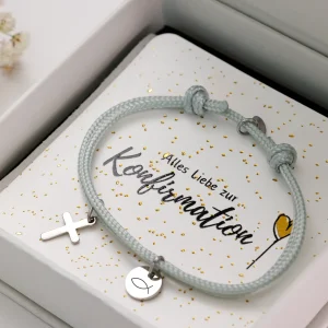 Kreuz-Armband mit personalisiertem Plättchen - Geschenk zur Konfirmation mit Karte