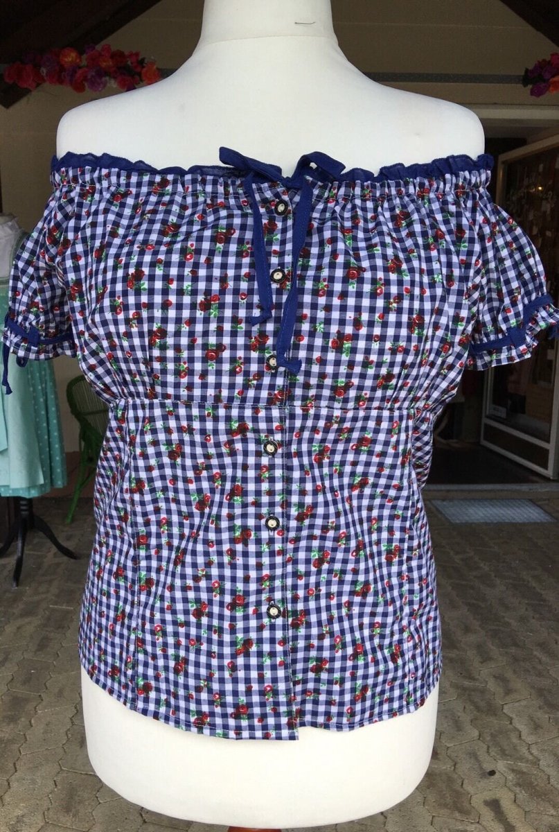 Trachten Bluse, Trachtenbluse, Fuchs, blau kariert