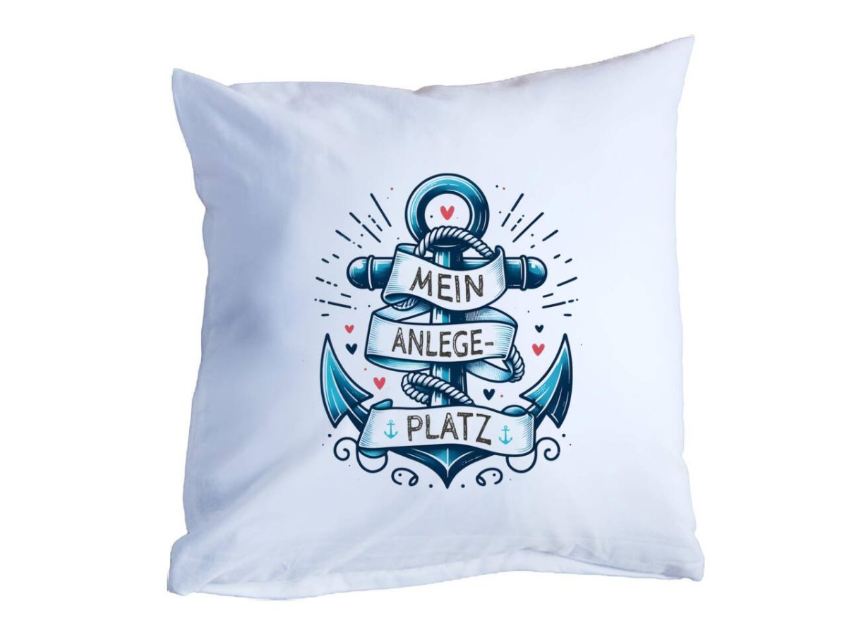 ‘Mein Anlegeplatz’ Dekokissen – Maritimes Design Kissen für Zuhause mit Anker-Motiv, 40x40cm
